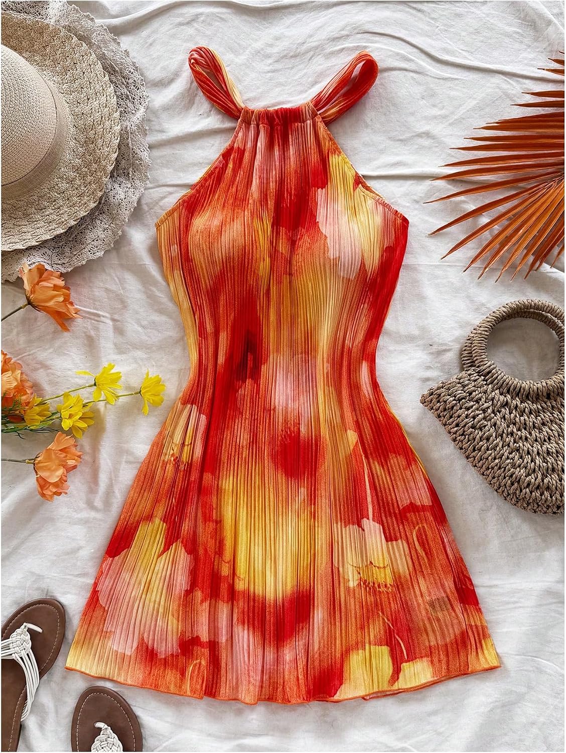 Floerns Women's Flower Print Halter Dress Sleeveless Pleated Boho Mini Dresses