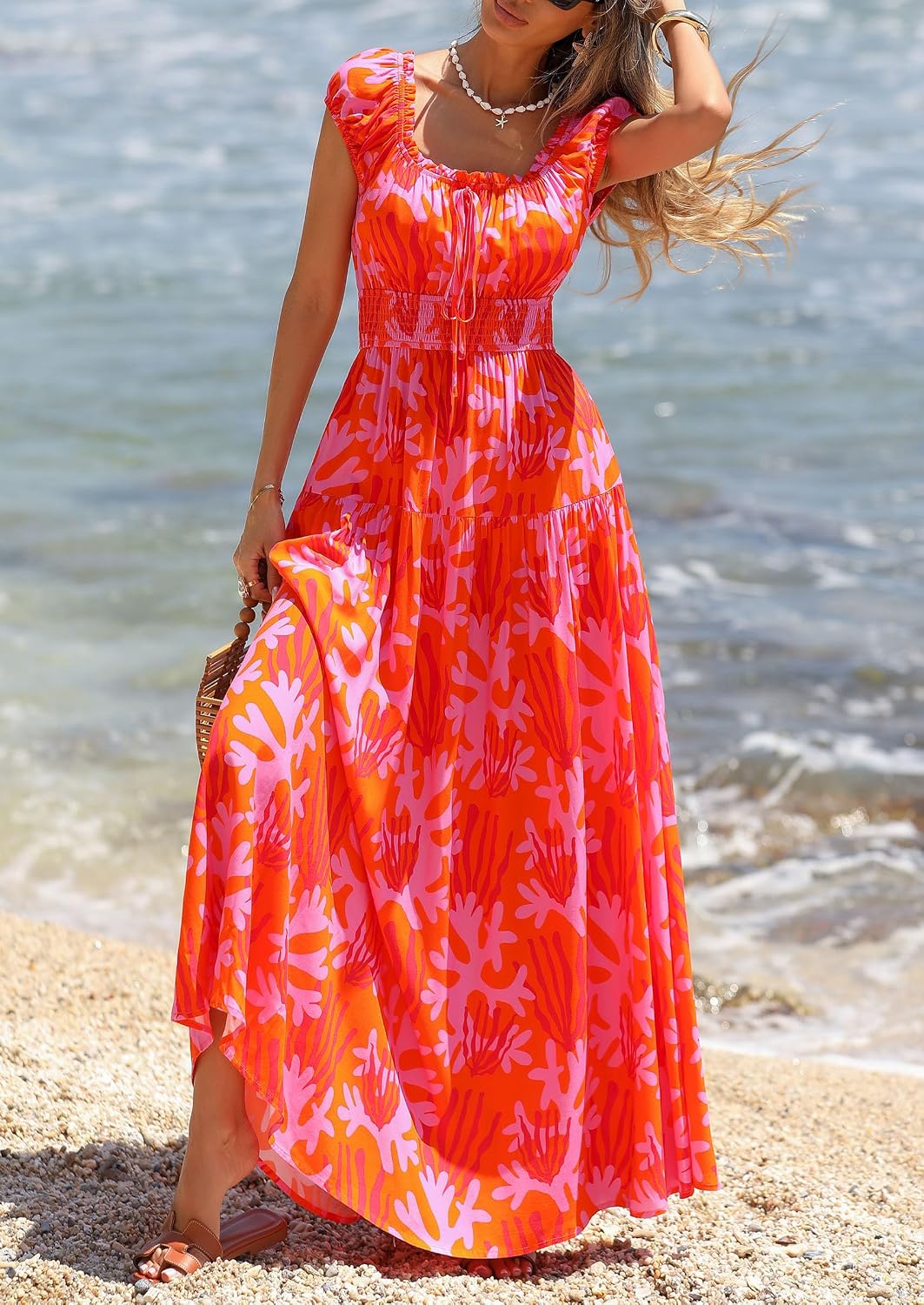 PRETTYGARDEN Women Boho Floral Maxi Sun Dress | Flowy A Line, Smocked Waist, Square Neck, Pockets, Spring Summer Elegant Outfits for Wedding, Beach Vacation, Resort Wear