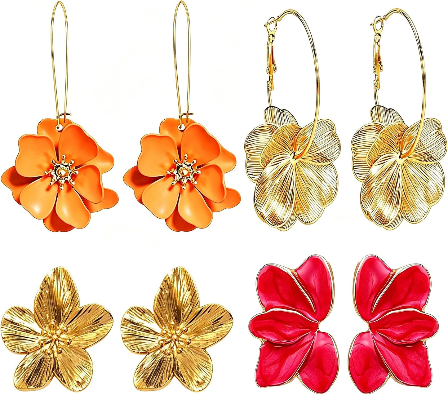 Flower Earrings for Women Summer Spring Beachy Vacation Daisy Statement Gold Earrings Set Tropical Jewelry Gift 4 Pairs