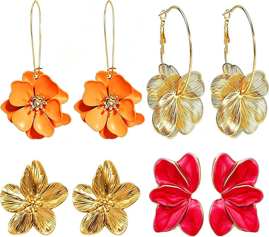 Flower Earrings for Women Summer Spring Beachy Vacation Daisy Statement Gold Earrings Set Tropical Jewelry Gift 4 Pairs