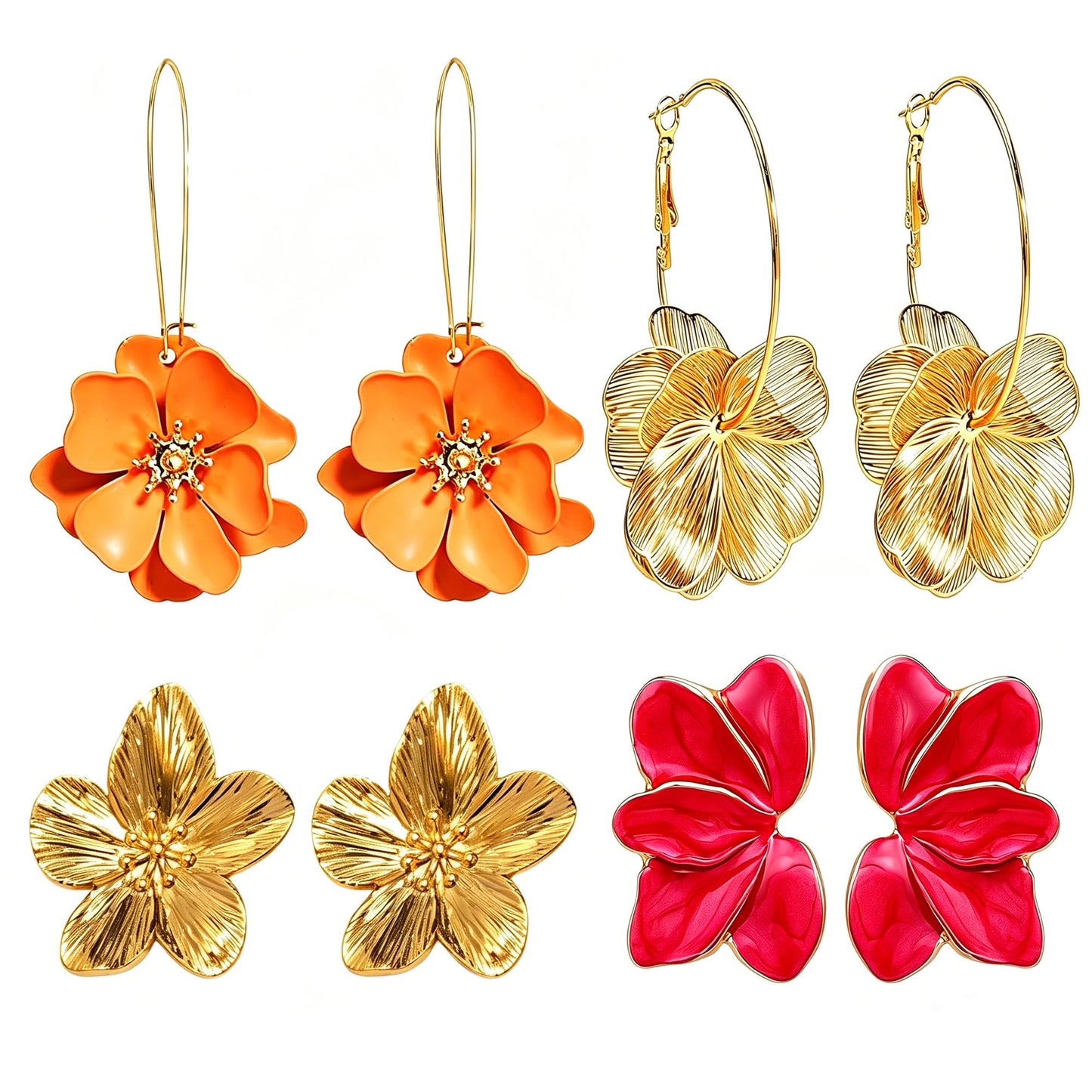 Flower Earrings for Women Summer Spring Beachy Vacation Daisy Statement Gold Earrings Set Tropical Jewelry Gift 4 Pairs