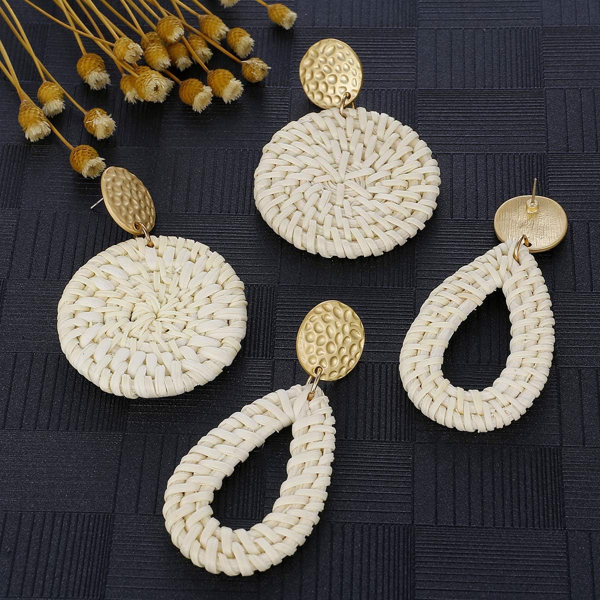 4Pairs Handmade Raffia Summer Beach Bohemian Earrings Statement Tropical Round Teardrop Rattan Dangle Earrings for Women