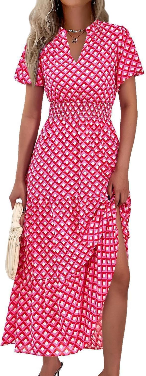 MASCOMODA Summer Maxi Dresses for Women 2026 Short Sleeve Long Floral Dress | Puff Sleeve, Casual V Neck, Smocked Waist, Tiered Ruffle Hem, A line Boho Dresses, Elegant Beach Flowy Long Dress Spring