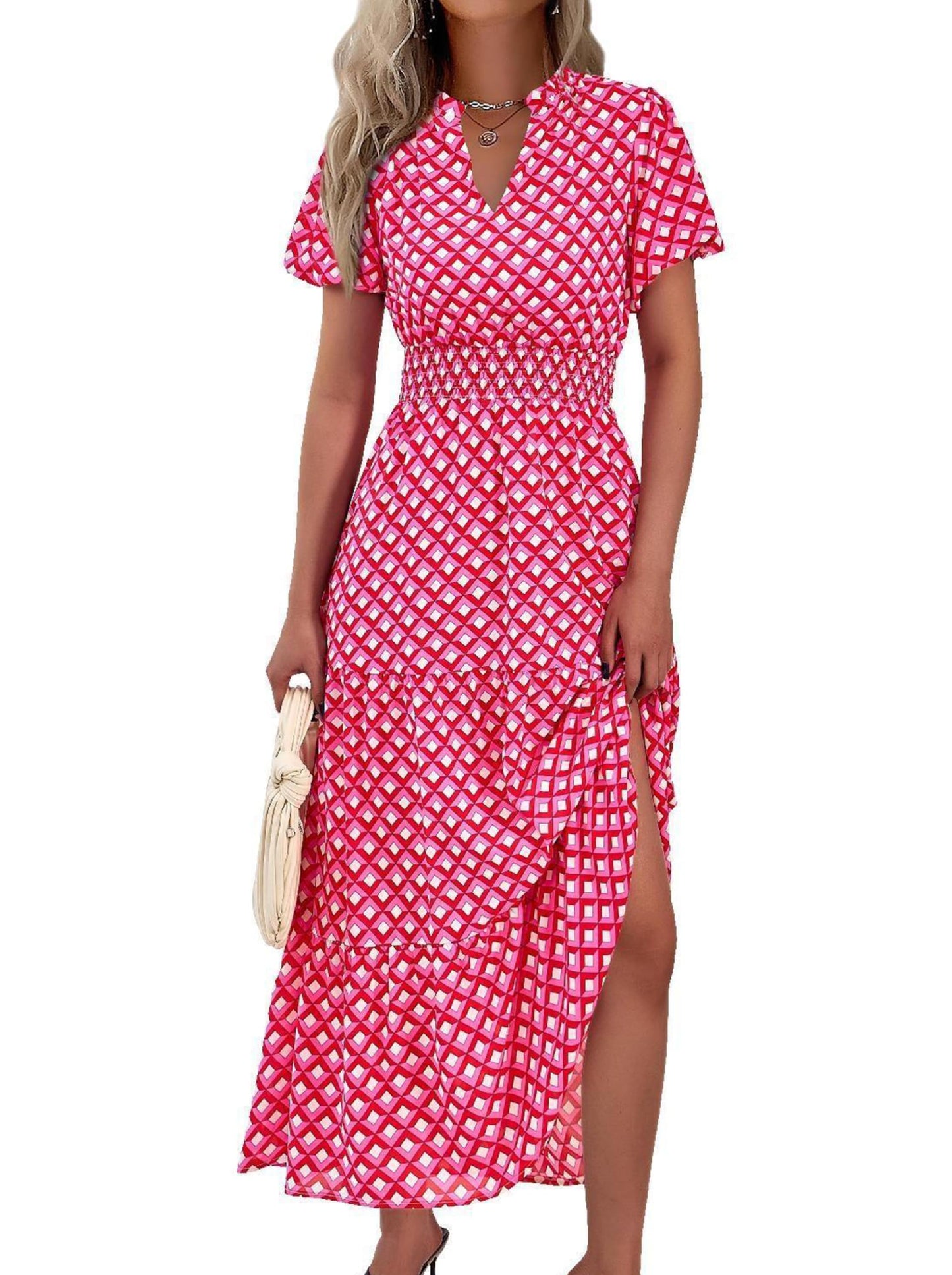 MASCOMODA Summer Maxi Dresses for Women 2026 Short Sleeve Long Floral Dress | Puff Sleeve, Casual V Neck, Smocked Waist, Tiered Ruffle Hem, A line Boho Dresses, Elegant Beach Flowy Long Dress Spring