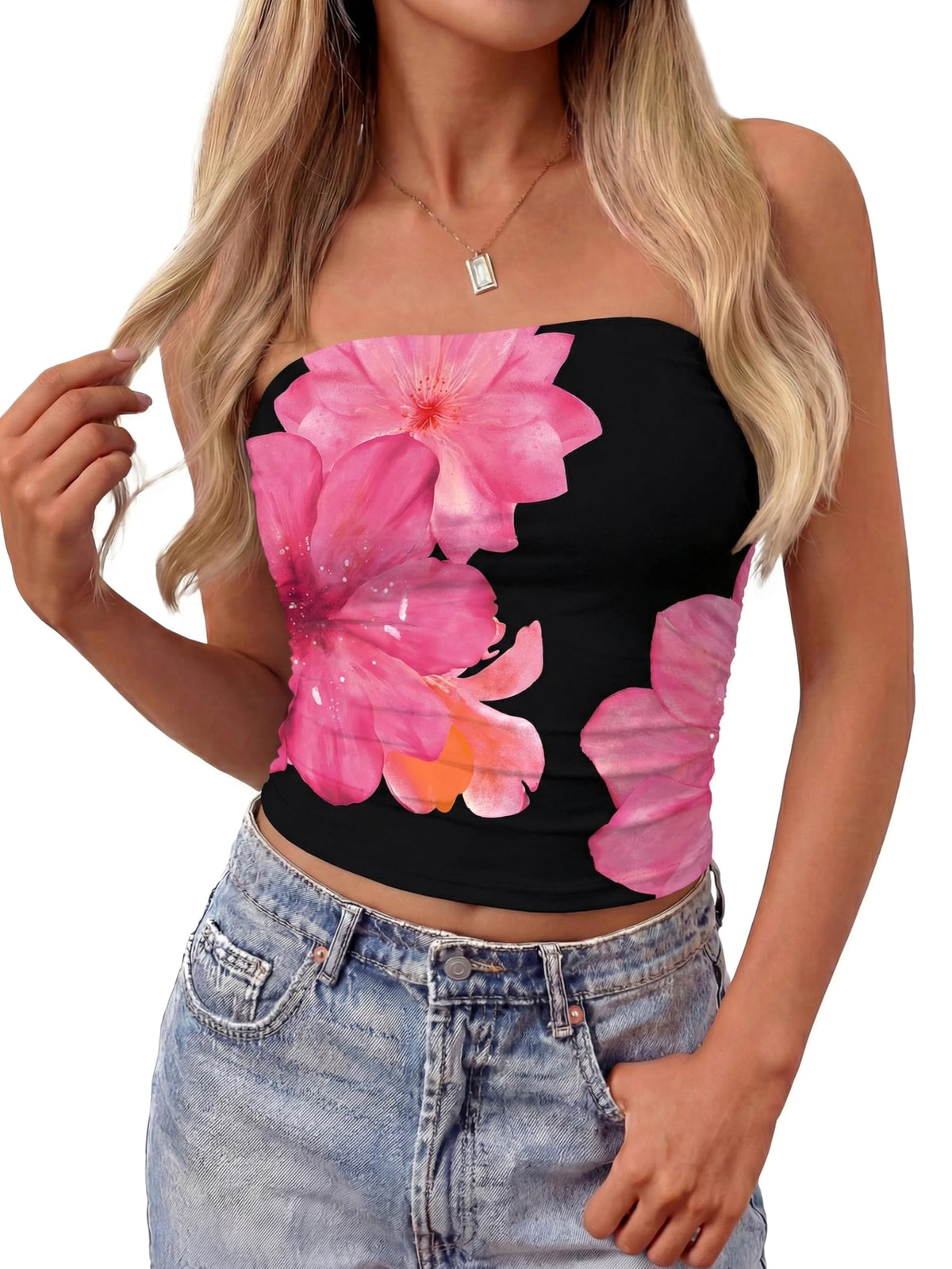 MASCOMODA Women Floral Tube Top 2026 Mesh Strapless Tops Y2K Summer Bandeau | Mesh Tube Tops, Floral Crop Top, Non-Slip, Double Lined, Ruched, Slim Fit, Beach Vacation Clothes, Trendy Going Out Outfits