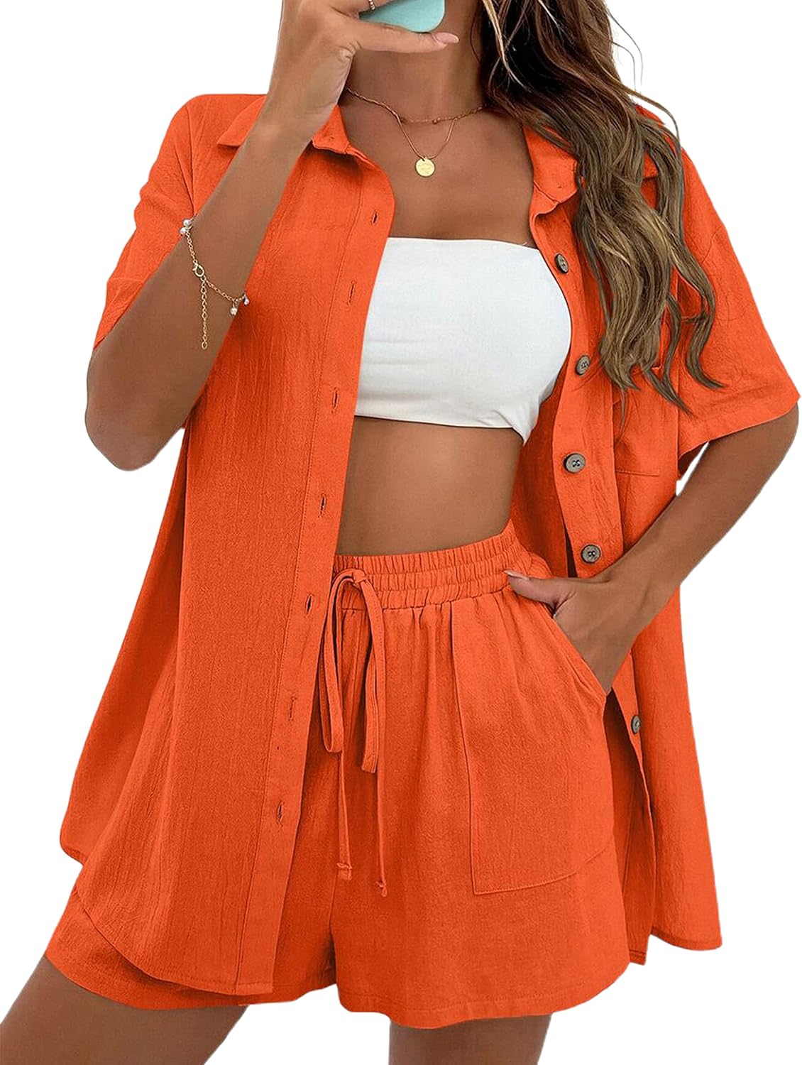 APAFES Women Summer Cotton Linen Short Sets 2 Piece Shorts Top Lounge Beach Vacation Two Piece Outfits Tracksuits