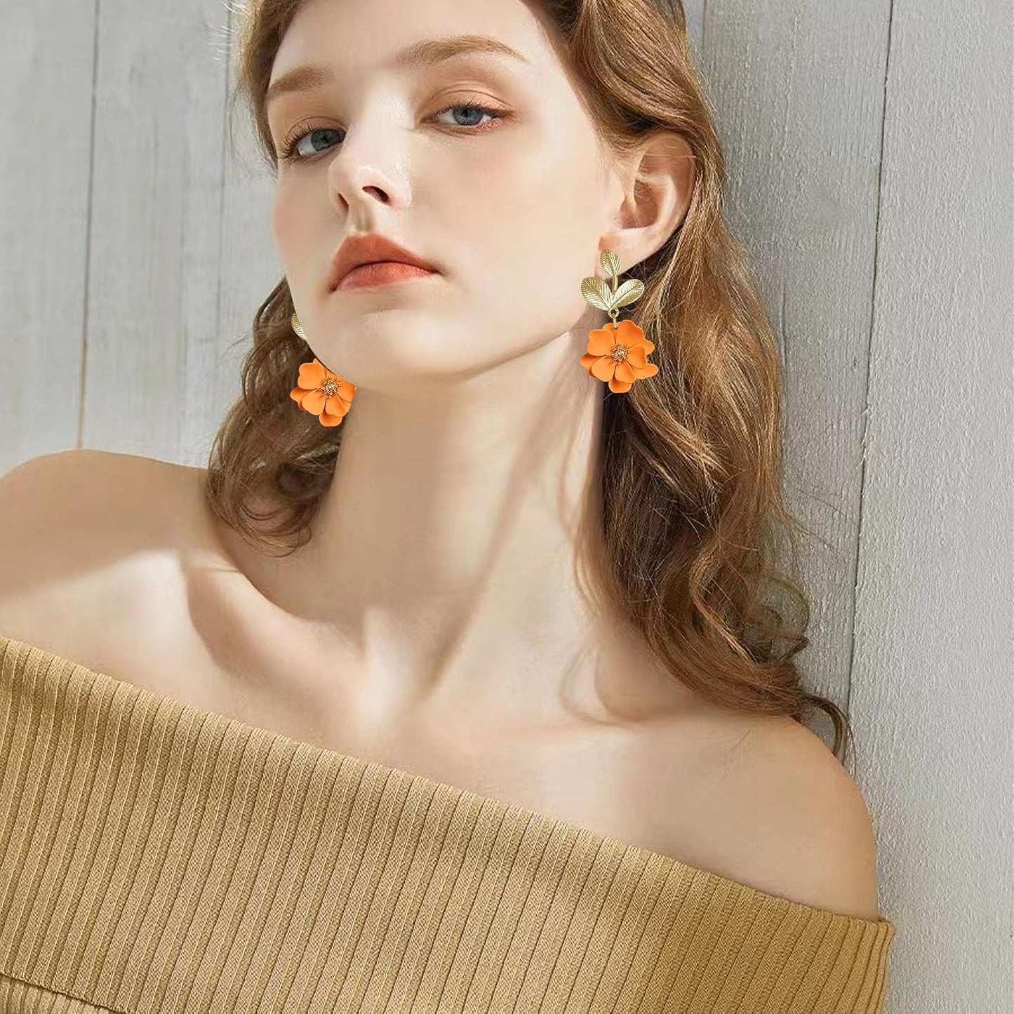 Boho Flower Earrings for Women Cute Dangle Drop Gold Leaf Floral Studs Hook Statement Jewelry Sweet Earrings