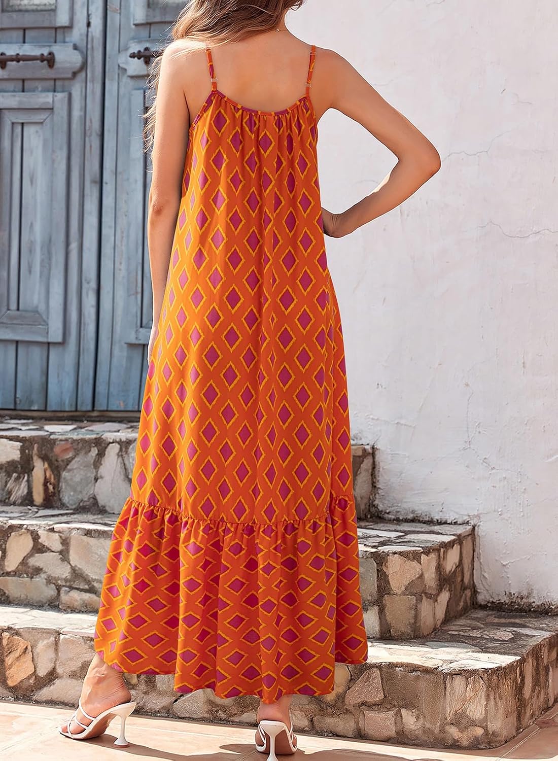 Dokotoo Women Summer Dresses Scoop Neck Ruffle Flowy Boho Maxi Dress | Spaghetti Strap Sundresses,Sleeveless,Beach Vacation Clothes,Ruffle A Line,Casual Boho Printed,Hawaiian Dresses,Wedding Guest