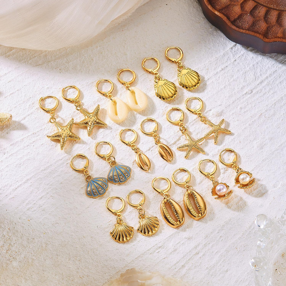 3Pairs Boho Starfish Shell Dangle Drop Earrings Dainty Ocean Theme Seashell Starfish Hoop Earrings for Women Summer Beach Holiday Vacation Outfits Accessories Jewelry Gifts