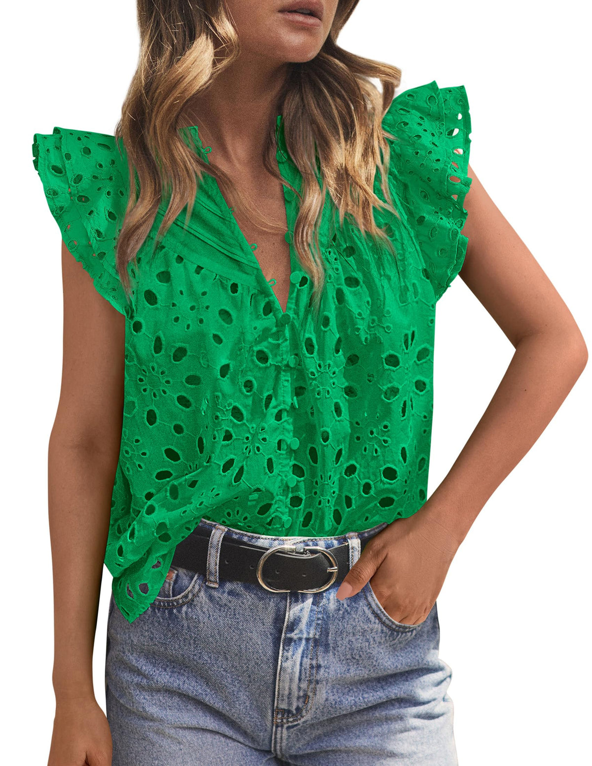 PRETTYGARDEN Women's Eyelet V Neck Summer Tops Dressy Casual | Soft Cotton with Lining,Button Boho Top,Cap Ruffle Sleeve,Hollow Out Embroidered Shirts,Resort Wear,Beach Vacation Clothes