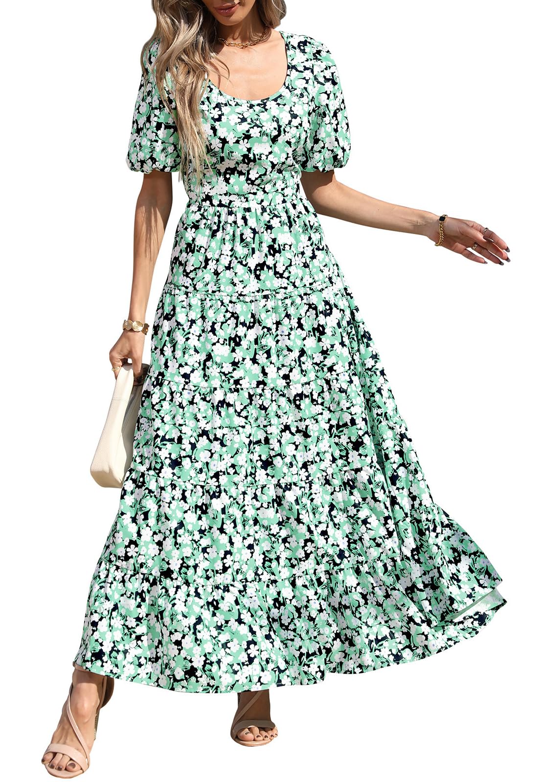 PRETTYGARDEN Puff Short Sleeve Cewneck Floral Long Fall Dresses for Women 2025 Flowy Tiered Hem Maxi Wedding Guest Dress
