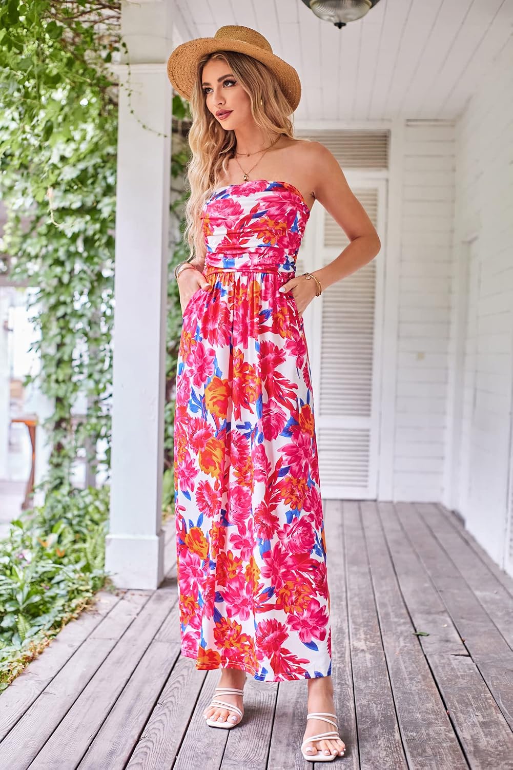 GRACE KARIN Women Strapless Dress Casual Loose Ruched Long Maxi Dress with Pockets