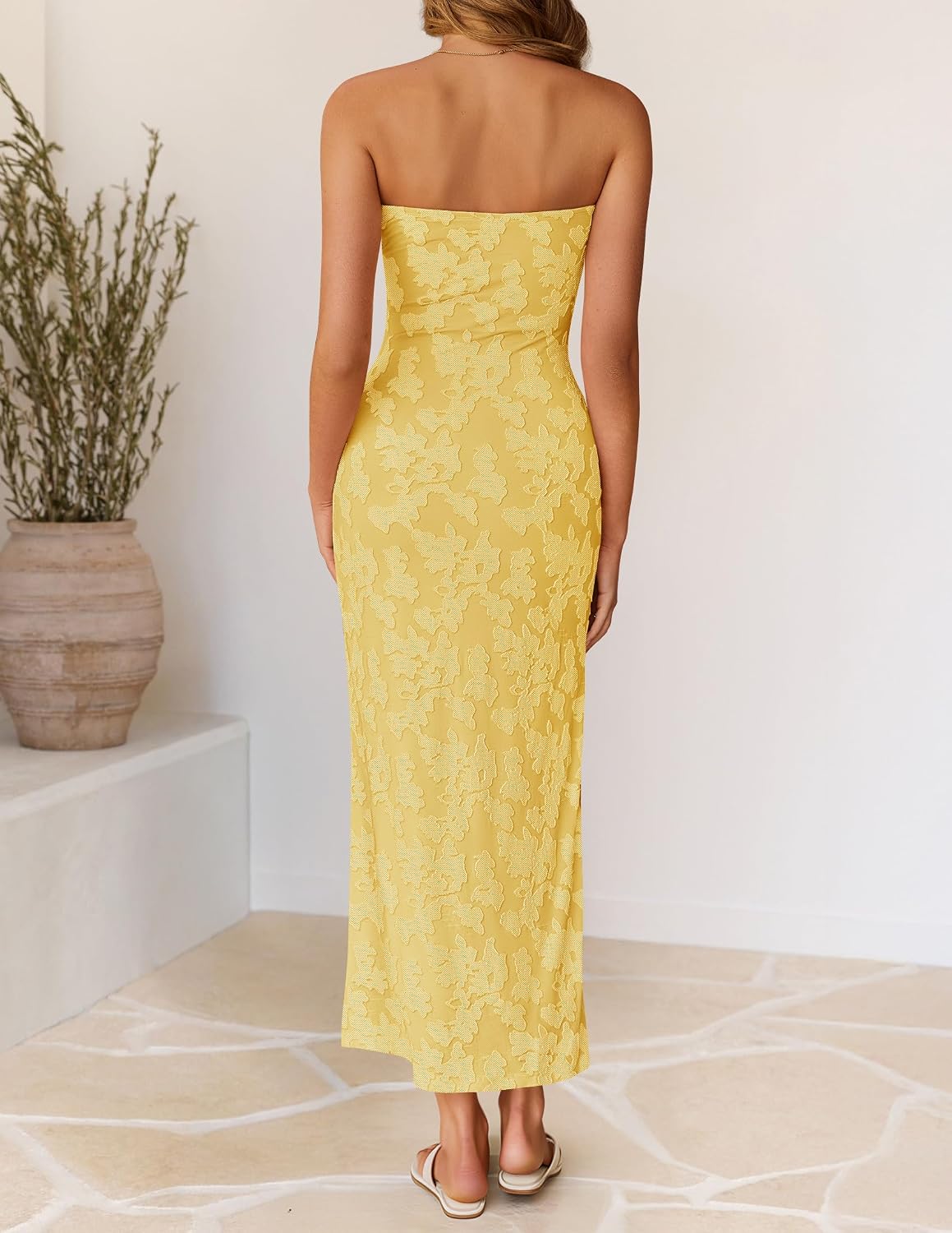 ZESICA Womens Summer Strapless Floral Bodycon Ruched Slit Maxi Formal Dress | Off Shoulder Mesh Casual Long Sundress, Elegant Sexy Dinner Dress, Beach Vacation Dress, Wedding Guest Cocktail Party Dress