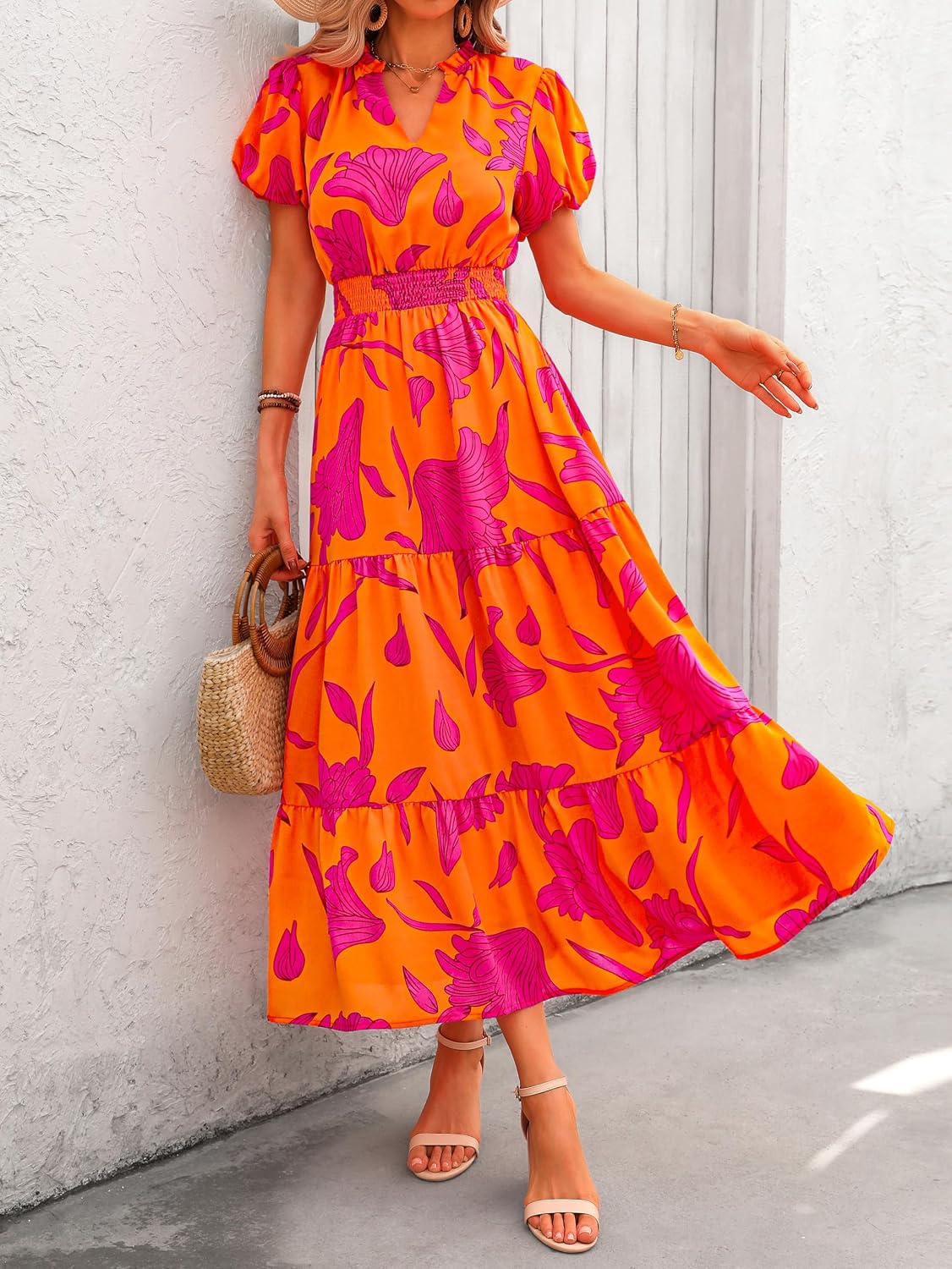 MASCOMODA Summer Maxi Dresses for Women 2026 Short Sleeve Long Floral Dress | Puff Sleeve, Casual V Neck, Smocked Waist, Tiered Ruffle Hem, A line Boho Dresses, Elegant Beach Flowy Long Dress Spring