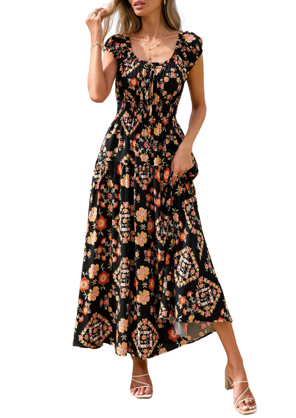 PRETTYGARDEN Women Boho Floral Maxi Sun Dress | Flowy A Line, Smocked Waist, Square Neck, Pockets, Spring Summer Elegant Outfits for Wedding, Beach Vacation, Resort Wear