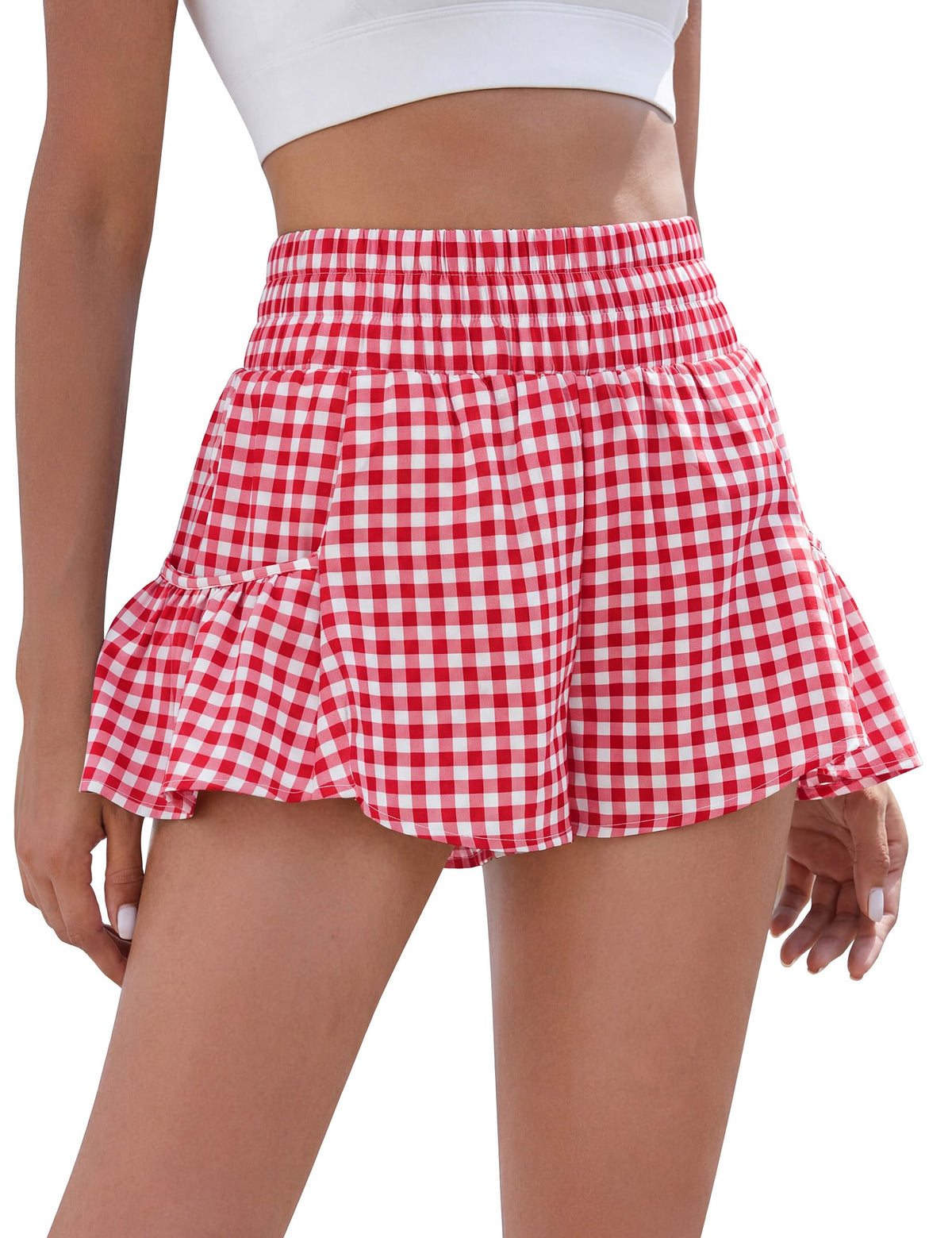BMJL Womens Athletic Running Shorts 2.5" Flowy High Waisted Ruffle Shorts | workout,gym,two side pockets,elastic high waisted,quick dry fabric,built in liner,solid,gingham,leopard,striped shorts