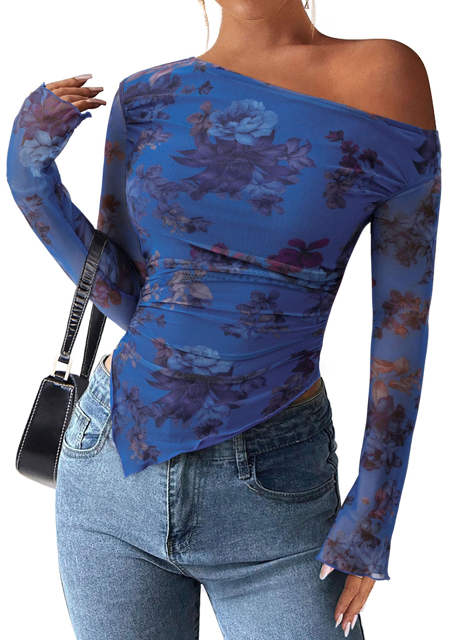 PRETTYGARDEN Womens Off Shoulder Mesh Y2k Tops | Stretchy Fitted Long Sleeve Shirts,Tie Dye Floral Blouse,Double Lined Ruched,Asymmetrical Hem,Going Out Daily Fall Clothes