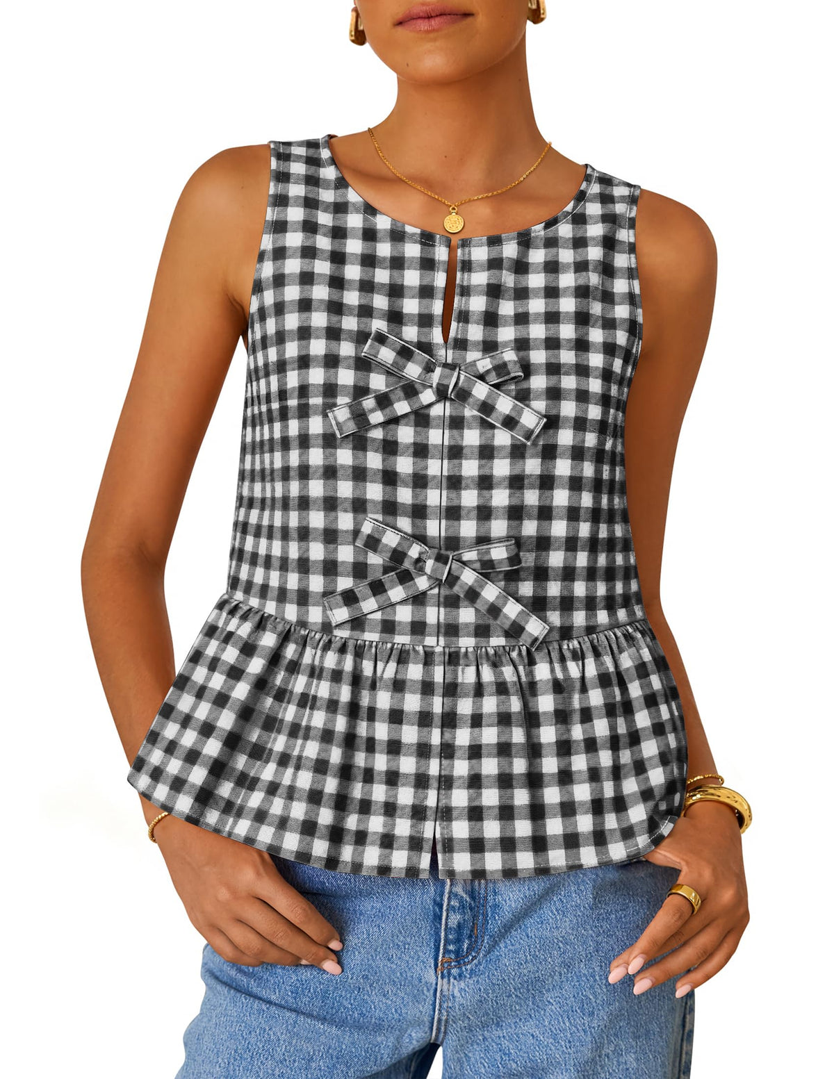 ZESICA Women's Summer Sleeveless Gingham Tank Tops 2026 Crewneck Tie Front Top Loose Ruffle Peplum Babydoll Blouses