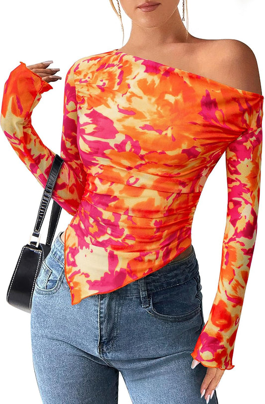 PRETTYGARDEN Womens Off Shoulder Mesh Y2k Tops | Stretchy Fitted Long Sleeve Shirts,Tie Dye Floral Blouse,Double Lined Ruched,Asymmetrical Hem,Going Out Daily Fall Clothes