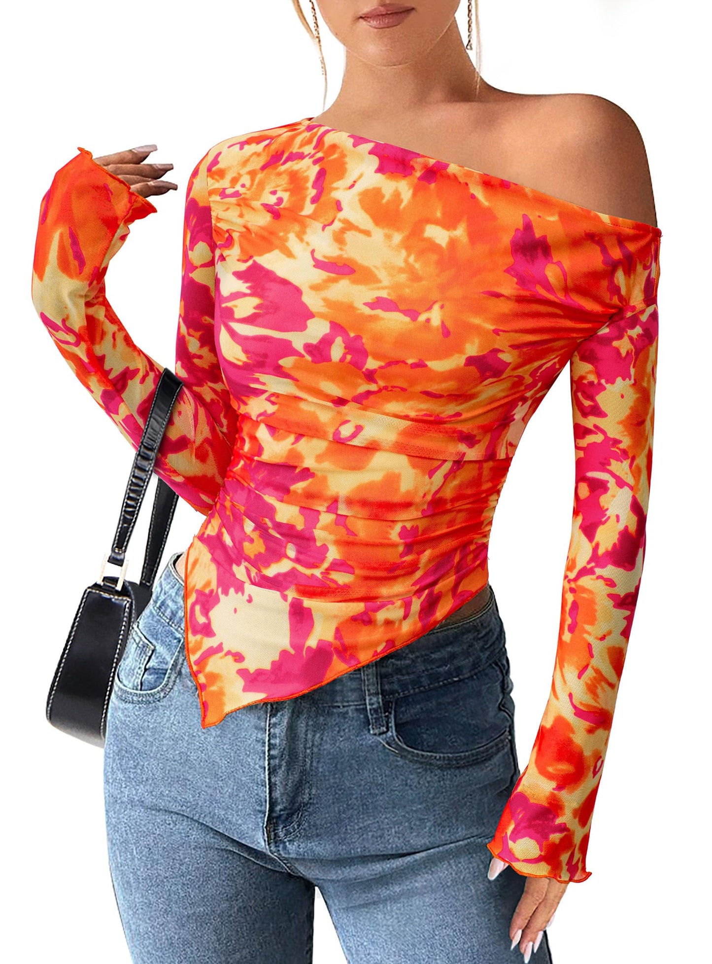 PRETTYGARDEN Womens Off Shoulder Mesh Y2k Tops | Stretchy Fitted Long Sleeve Shirts,Tie Dye Floral Blouse,Double Lined Ruched,Asymmetrical Hem,Going Out Daily Fall Clothes