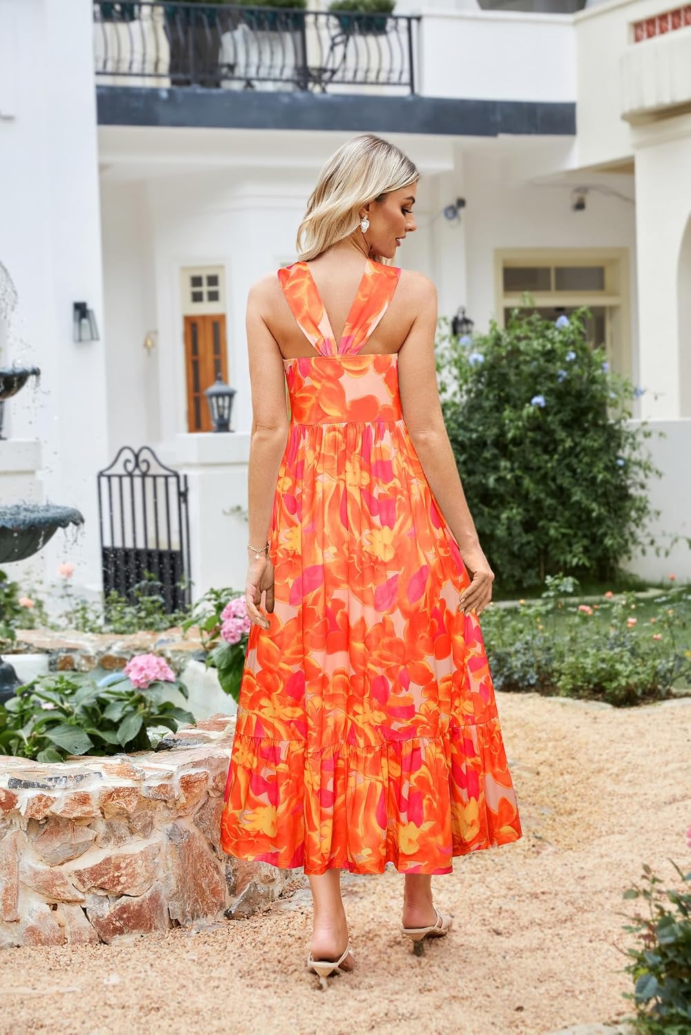 GRACE KARIN Womens Summer Floral Halter Boho Maxi Dresses | 2026 Flowy Criss Cross A Line Long Sundress Casual Tropical Vacation Beach Clothes Wedding Guest Dress With Pocket