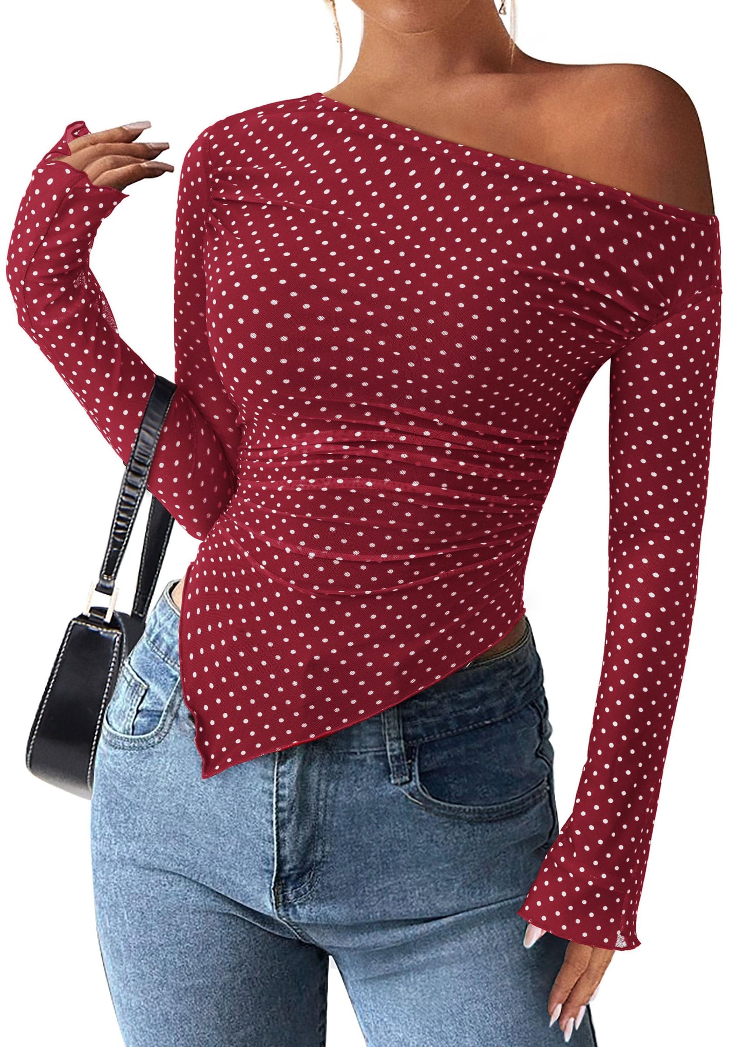 PRETTYGARDEN Womens Off Shoulder Mesh Y2k Tops | Stretchy Fitted Long Sleeve Shirts,Tie Dye Floral Blouse,Double Lined Ruched,Asymmetrical Hem,Going Out Daily Fall Clothes