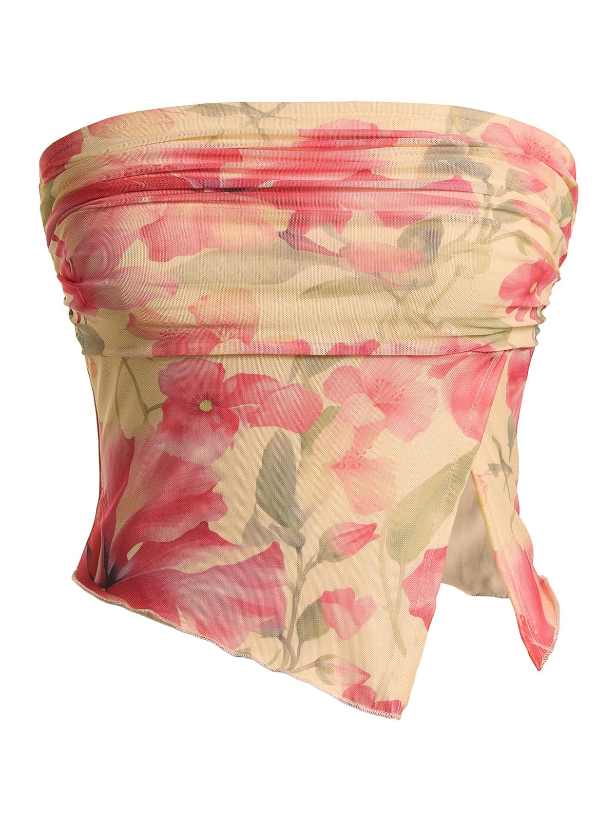 Milumia Women Floral Summer Mesh Ruched Tube Top Y2k Going Out Crop Tops | Strapless Tropical Hawaiian Tank, Vacation Outfits, Beach, Bandeau, Asymmetrical Split Hem