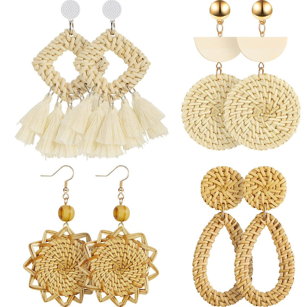 meekoo 4 Pairs Handmade Rattan Earrings for Women, Boho Straw Dangle Statement Earrings for Beach Vacation Summer Jewelry