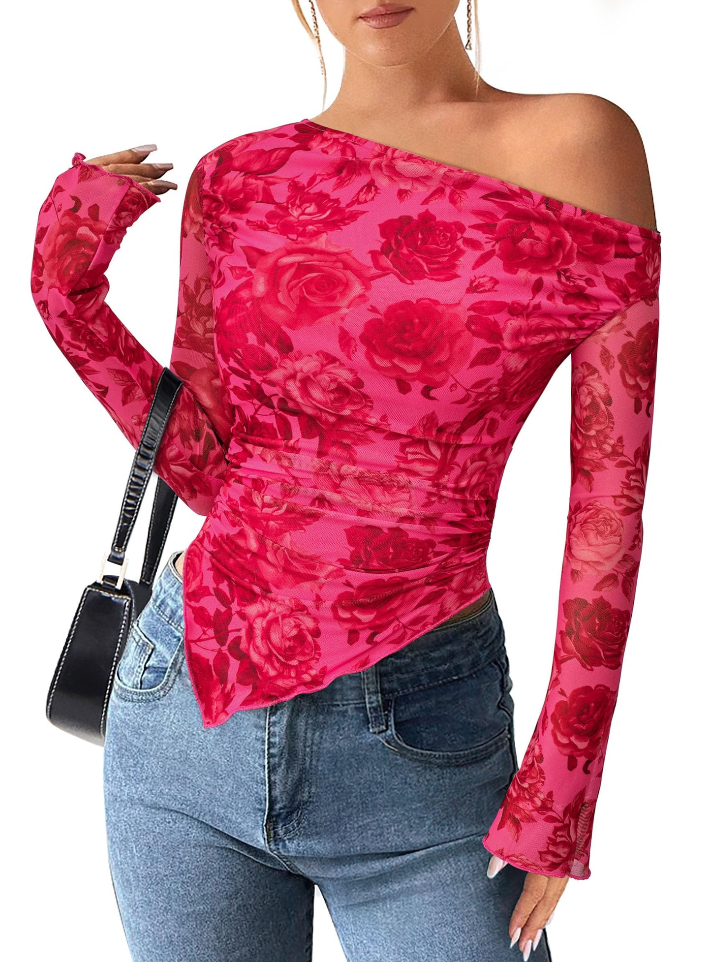 PRETTYGARDEN Womens Off Shoulder Mesh Y2k Tops | Stretchy Fitted Long Sleeve Shirts,Tie Dye Floral Blouse,Double Lined Ruched,Asymmetrical Hem,Going Out Daily Fall Clothes