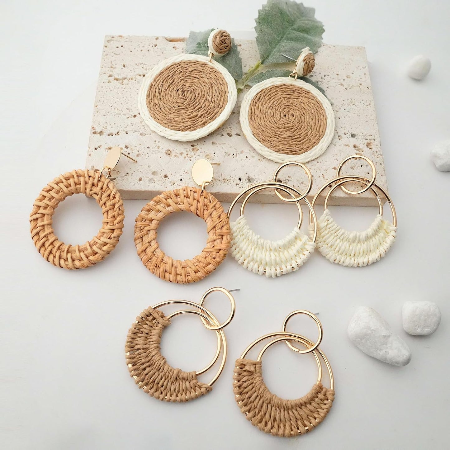 Raffia Hoop Earrings for Women Fun Boho Summer Beach Earrings Lightweight Handmade Straw Wicker Rattan Dangle Earrings Statement Geometric Round Drop Earrings