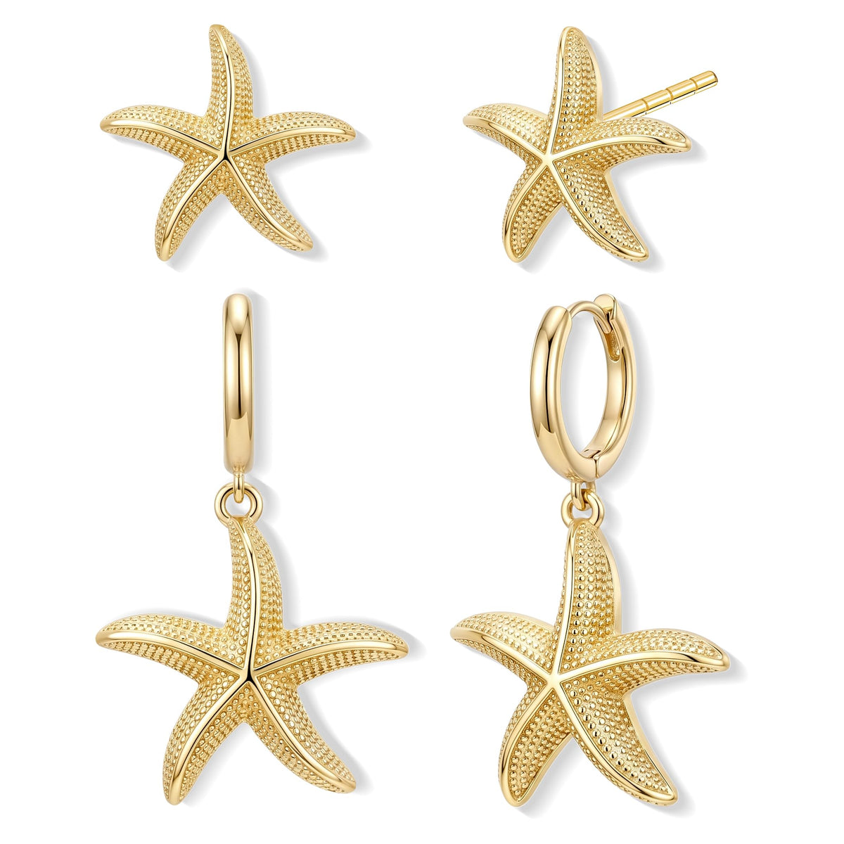 14K Gold Planted Seashell Starfish Stud dangle Earrings for Women, Summer Beach Hoop Earrings for Multiple Piercing Cartilage, Dainty Trendy Dangling Earring 3 Pairs Set Vacation Ocean Outfits Accessories Jewelry