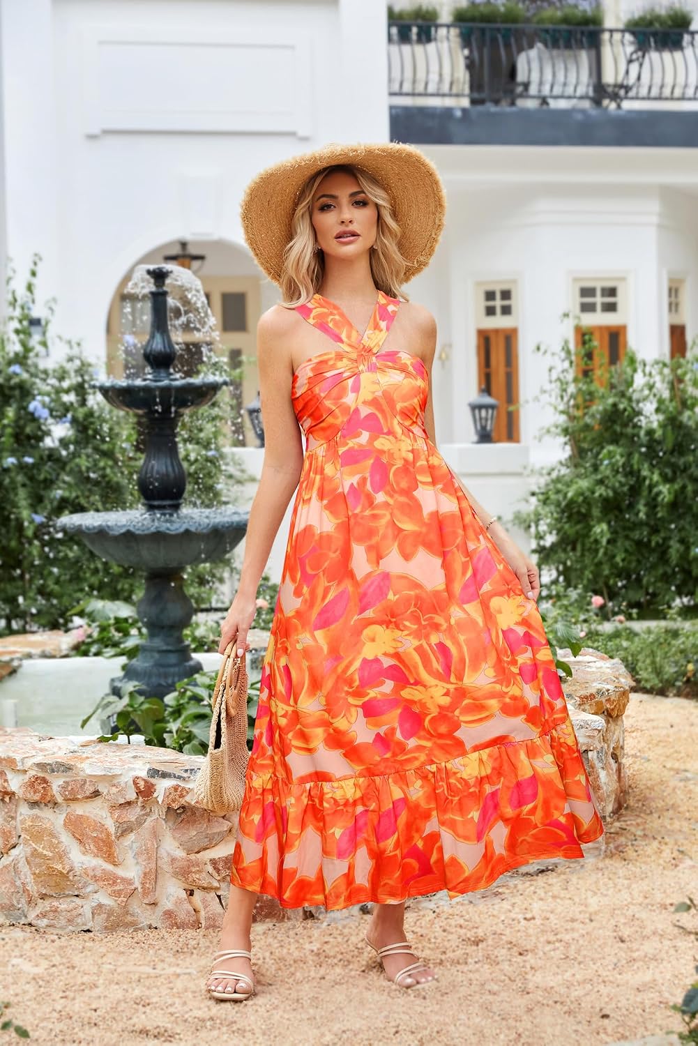 GRACE KARIN Womens Summer Floral Halter Boho Maxi Dresses | 2026 Flowy Criss Cross A Line Long Sundress Casual Tropical Vacation Beach Clothes Wedding Guest Dress With Pocket