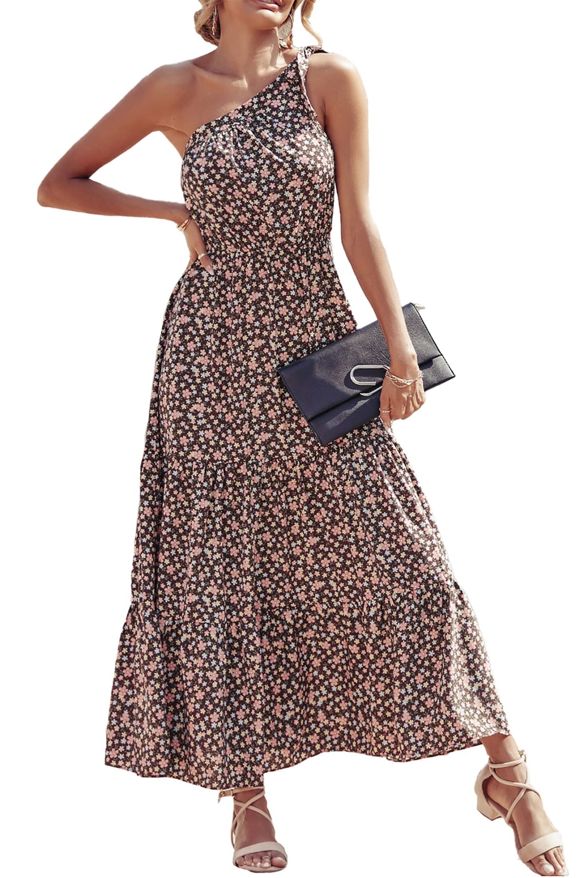 PRETTYGARDEN Women's One Shoulder Boho Floral Maxi Dress | Sleeveless Tiered A Line, Long Flowy Sundress, Tie Knot Summer Vacation Dresses, Spring Wedding Guest Outfits for Beach Party