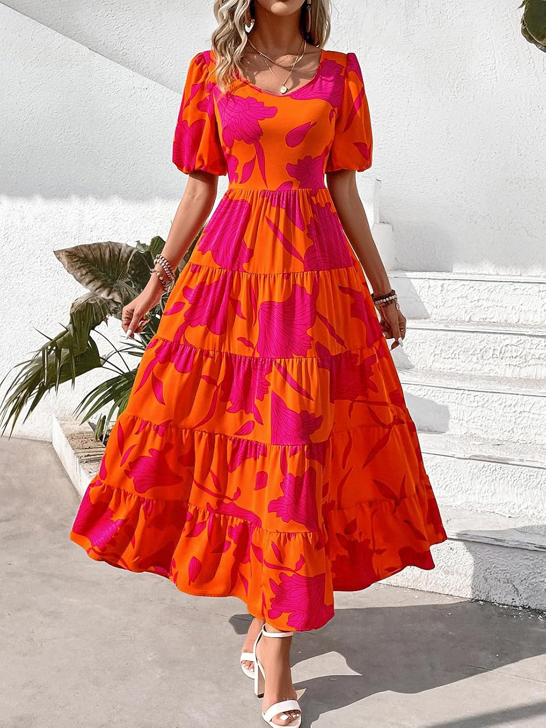 PRETTYGARDEN Puff Short Sleeve Cewneck Floral Long Fall Dresses for Women 2025 Flowy Tiered Hem Maxi Wedding Guest Dress