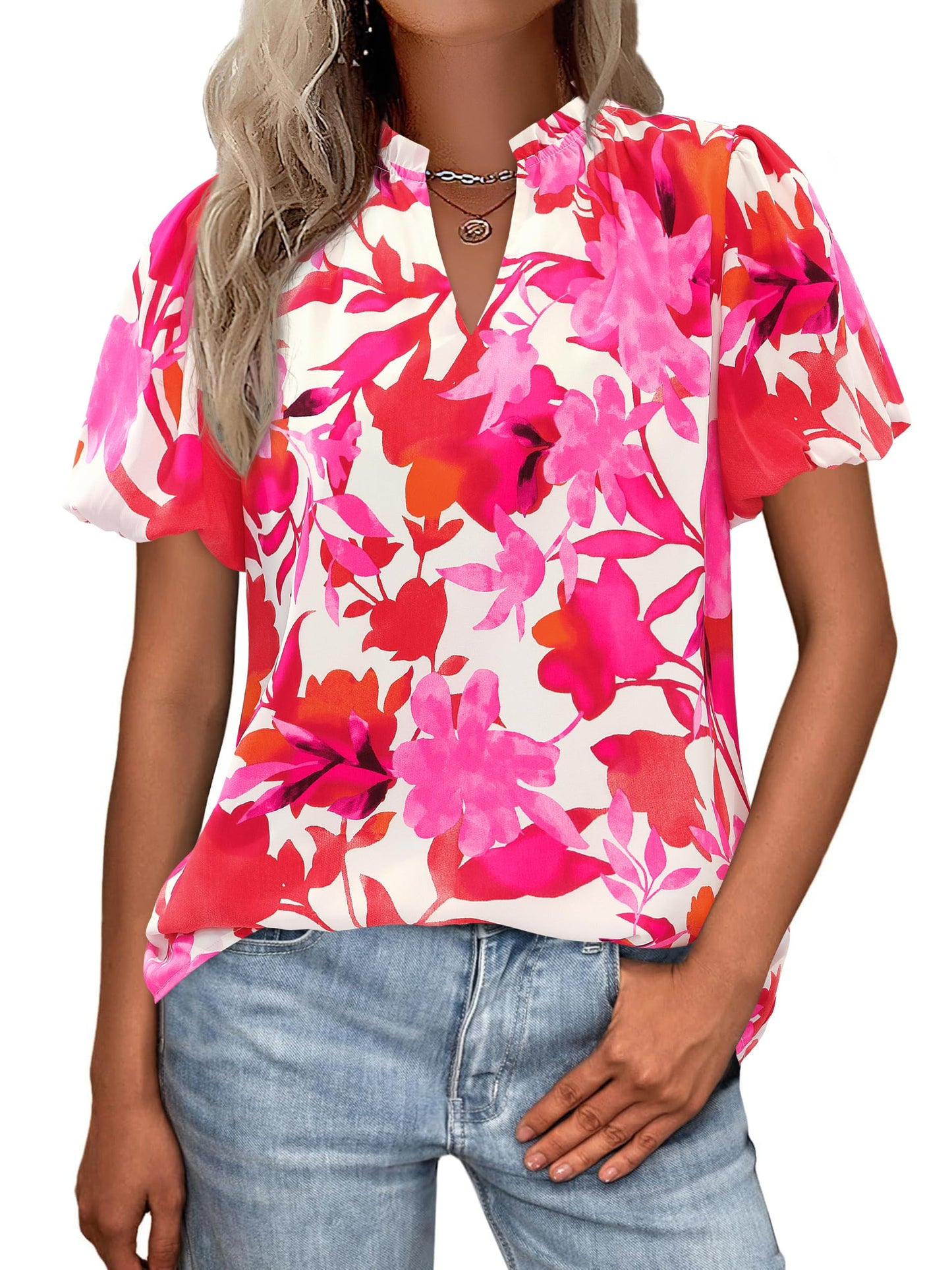 MASCOMODA Boho Short Sleeve Floral Work Blouses for Women Dressy Casual | Puff Sleeve Floral Tops Trendy, Ruffle V Neck, Loose Fit & Lined, Bohemian Top, Chiffon Blouses, Flowy Spring Work Shirts