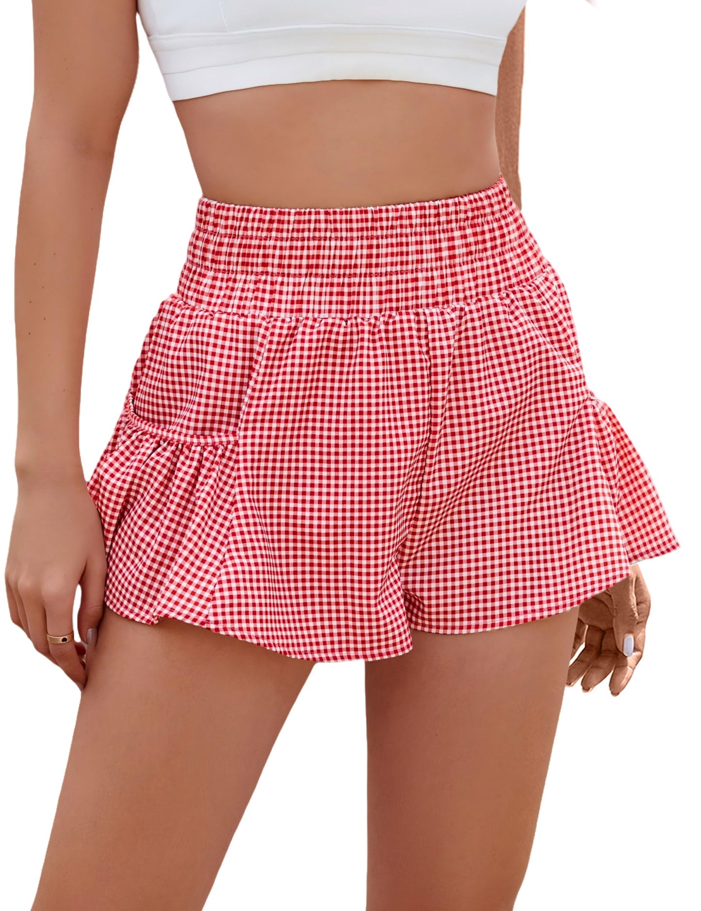 BMJL Womens Athletic Running Shorts 2.5" Flowy High Waisted Ruffle Shorts | workout,gym,two side pockets,elastic high waisted,quick dry fabric,built in liner,solid,gingham,leopard,striped shorts