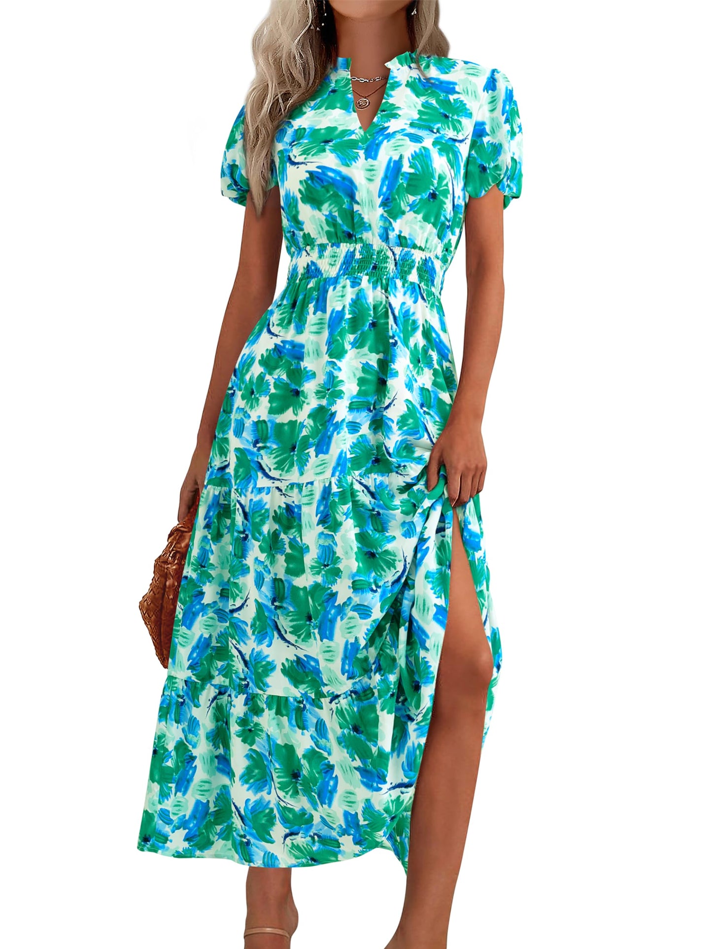 MASCOMODA Summer Maxi Dresses for Women 2026 Short Sleeve Long Floral Dress | Puff Sleeve, Casual V Neck, Smocked Waist, Tiered Ruffle Hem, A line Boho Dresses, Elegant Beach Flowy Long Dress Spring