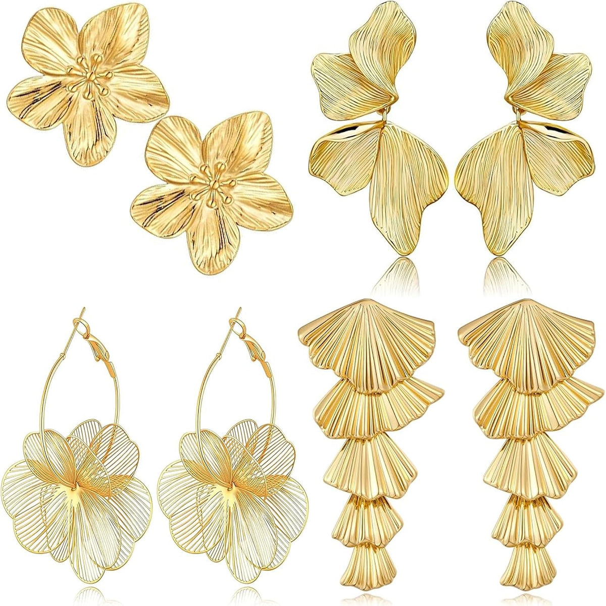 Flower Earrings for Women Summer Spring Beachy Vacation Daisy Statement Gold Earrings Set Tropical Jewelry Gift 4 Pairs