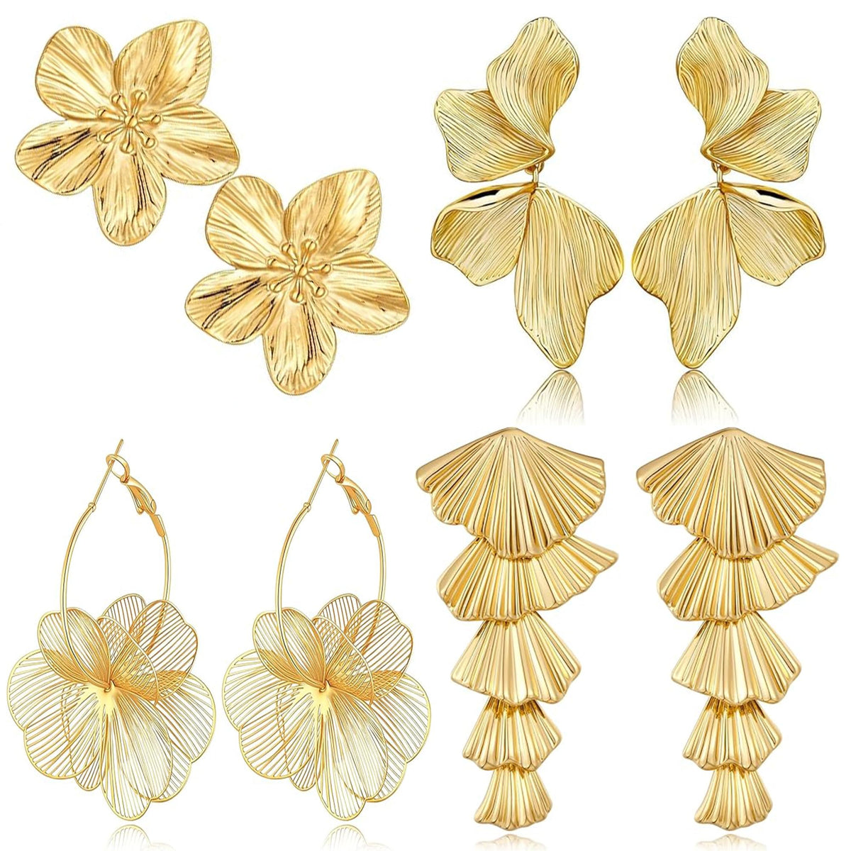 Flower Earrings for Women Summer Spring Beachy Vacation Daisy Statement Gold Earrings Set Tropical Jewelry Gift 4 Pairs