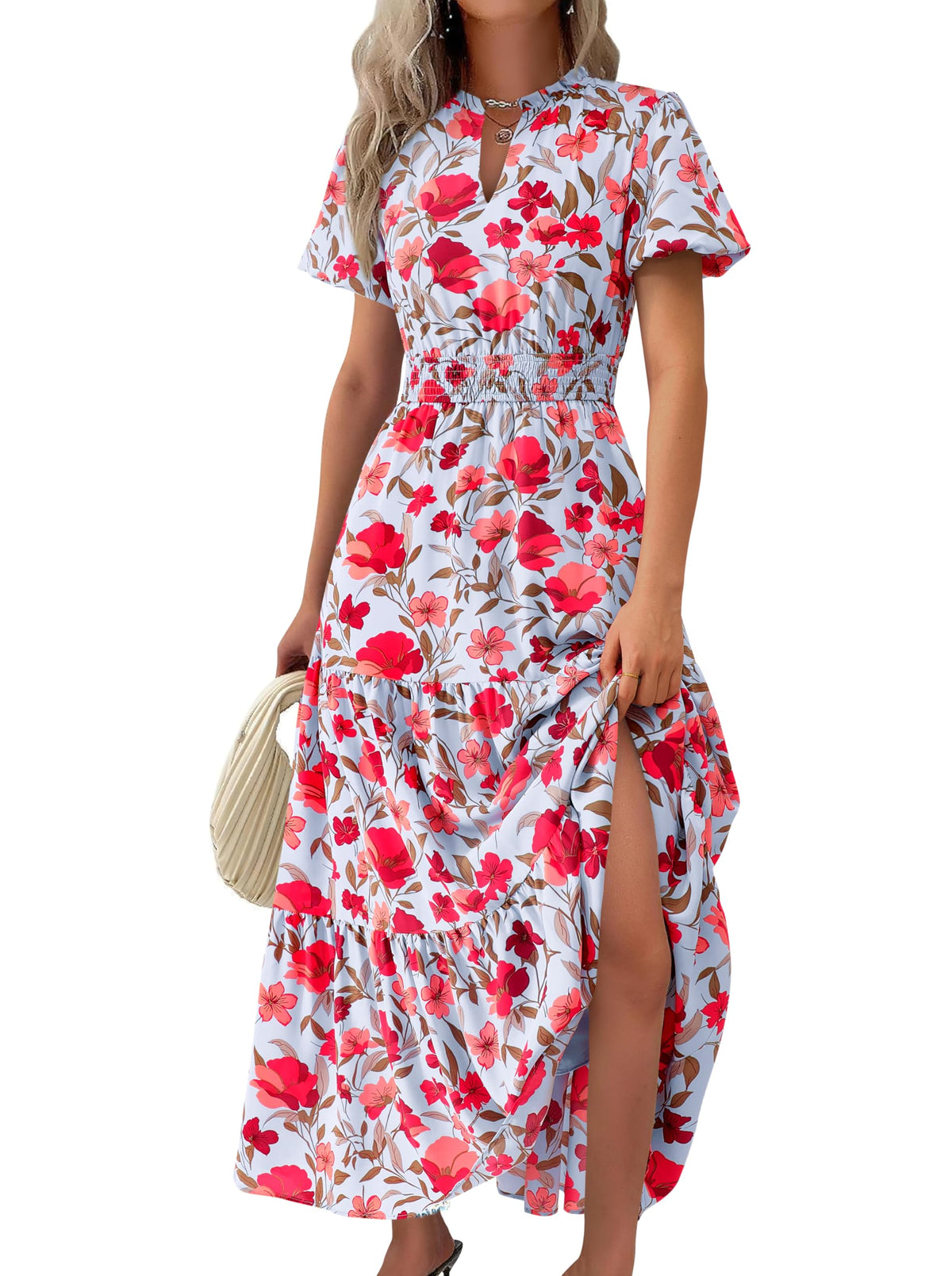 MASCOMODA Summer Maxi Dresses for Women 2026 Short Sleeve Long Floral Dress | Puff Sleeve, Casual V Neck, Smocked Waist, Tiered Ruffle Hem, A line Boho Dresses, Elegant Beach Flowy Long Dress Spring