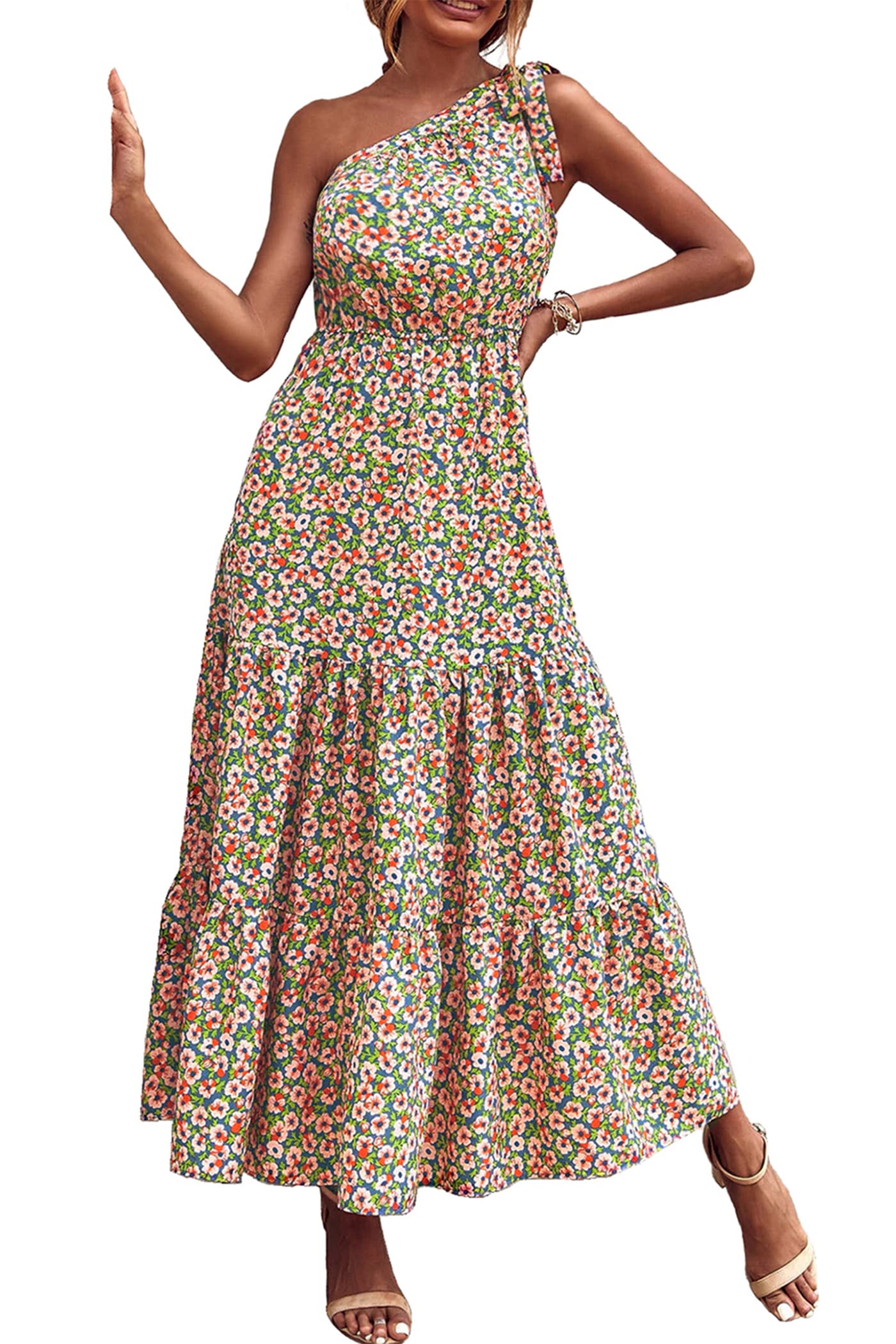 PRETTYGARDEN Women's One Shoulder Boho Floral Maxi Dress | Sleeveless Tiered A Line, Long Flowy Sundress, Tie Knot Summer Vacation Dresses, Spring Wedding Guest Outfits for Beach Party