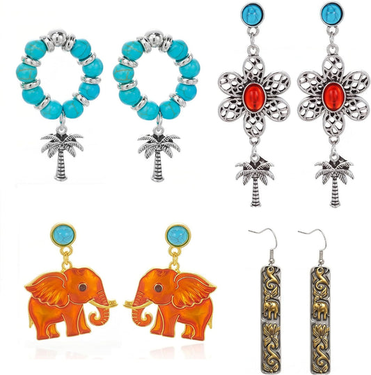 4 Pairs Boho Earrings for Women Vintage Turquoise Palm Tree Elephant Seahorse Dangle Earrings Summer Beach Tropical Vacation Jewelry Gifts