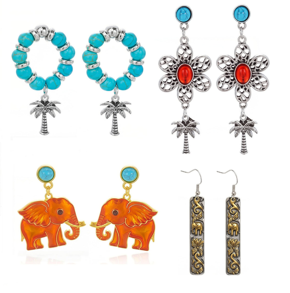4 Pairs Boho Earrings for Women Vintage Turquoise Palm Tree Elephant Seahorse Dangle Earrings Summer Beach Tropical Vacation Jewelry Gifts
