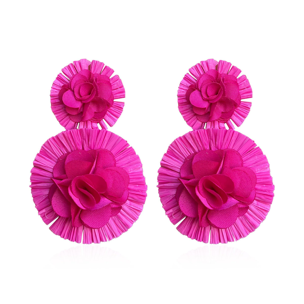 Hawaiian Vibrant Rattan Flower Statement Drop Earrings | Boho Lightweight Cute and Fun Big Raffia Straw Wrapped Floral Dangle Earrings for Women Tropical Sea Vacation Beachy Jewelry