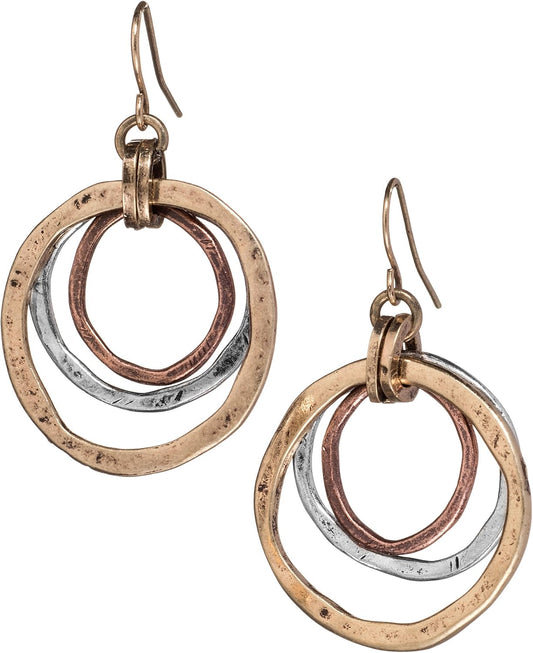 Handmade Sunrise Earrings – Cape Cod USA Award-Winning Artist Judith Stiles – Lightweight Mixed Metal Dangle Earrings – Hammered Brass, Copper & Silver Tone Circles – Coastal Beach Jewelry, Bohemian Style with a Yoga Heart – A Great Gift for Women