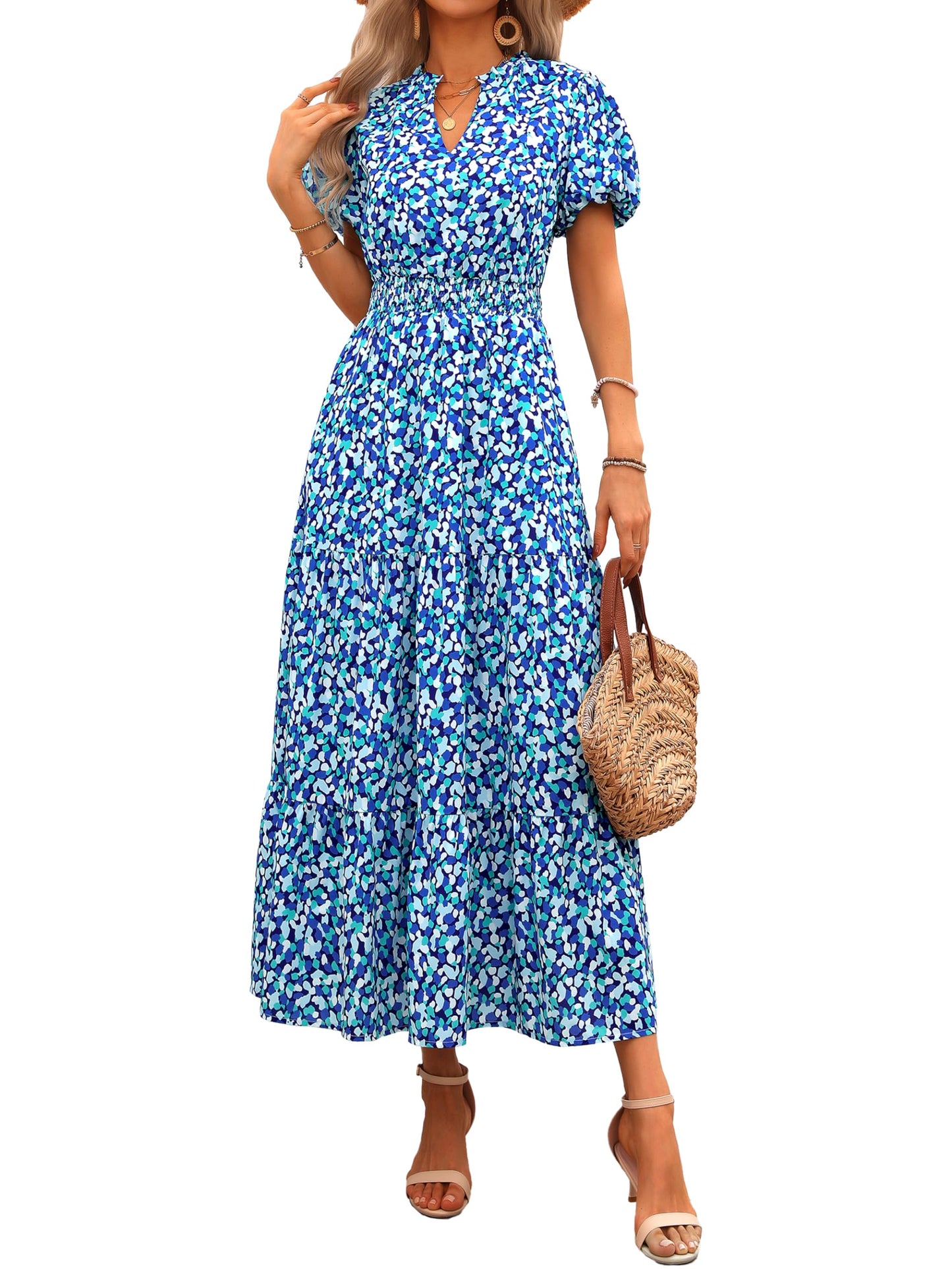 MASCOMODA Summer Maxi Dresses for Women 2026 Short Sleeve Long Floral Dress | Puff Sleeve, Casual V Neck, Smocked Waist, Tiered Ruffle Hem, A line Boho Dresses, Elegant Beach Flowy Long Dress Spring