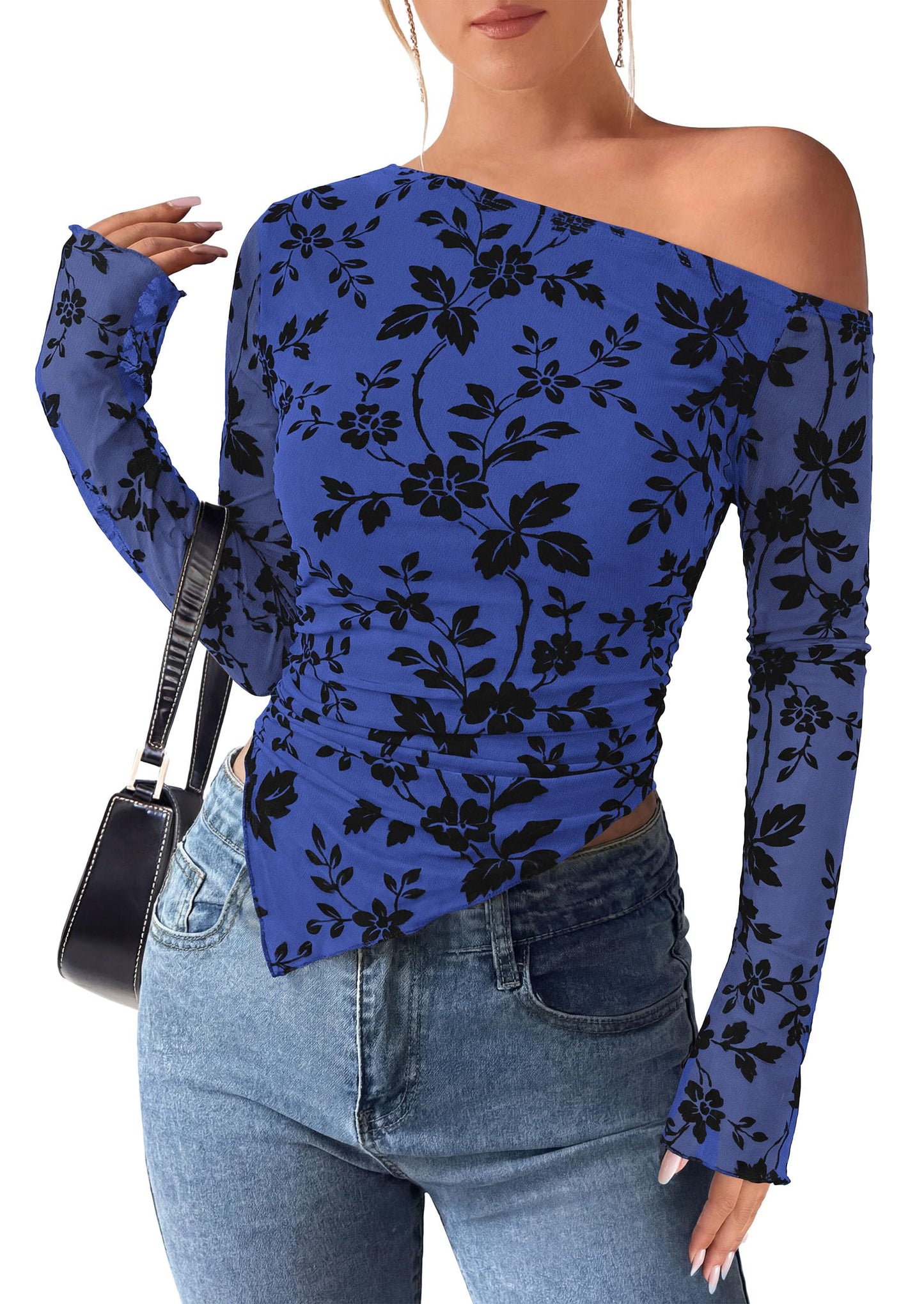 PRETTYGARDEN Womens Off Shoulder Mesh Y2k Tops | Stretchy Fitted Long Sleeve Shirts,Tie Dye Floral Blouse,Double Lined Ruched,Asymmetrical Hem,Going Out Daily Fall Clothes