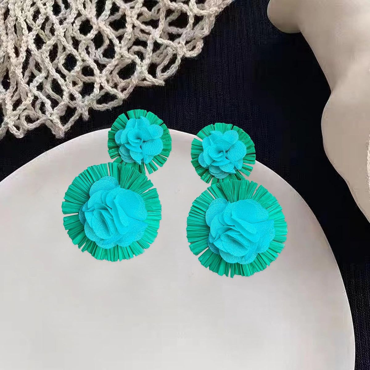 Hawaiian Vibrant Rattan Flower Statement Drop Earrings | Boho Lightweight Cute and Fun Big Raffia Straw Wrapped Floral Dangle Earrings for Women Tropical Sea Vacation Beachy Jewelry