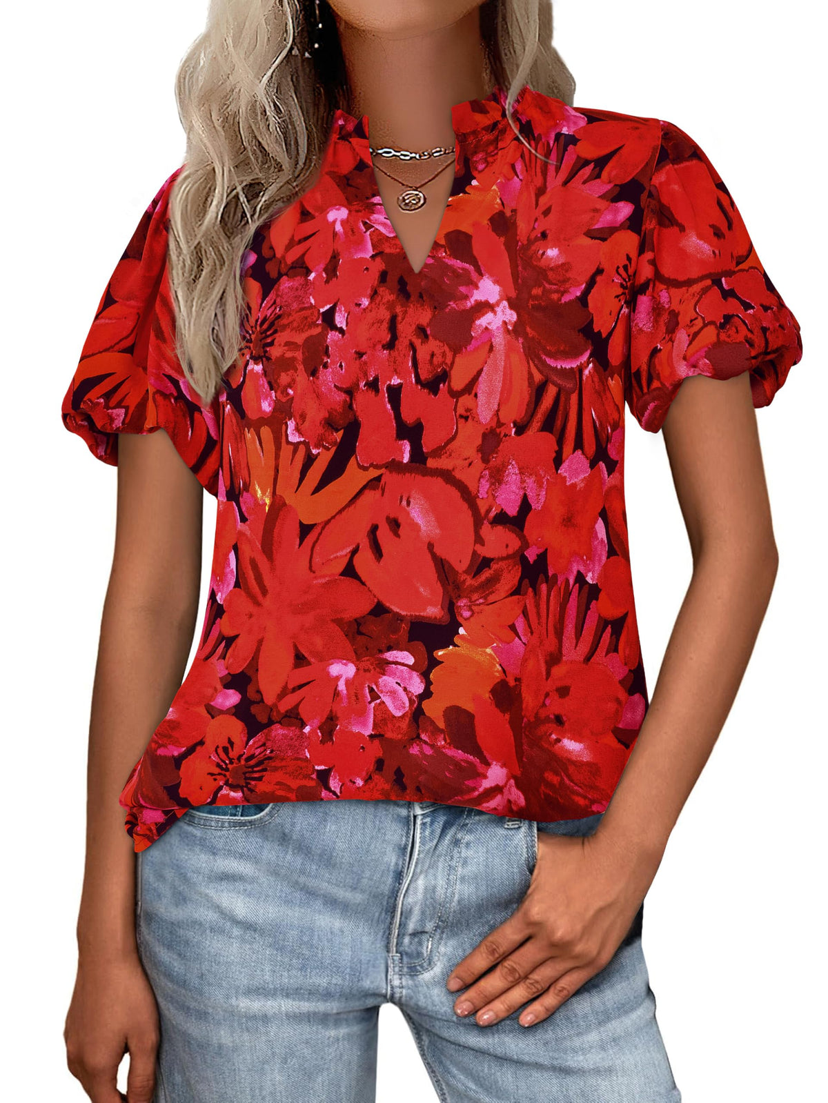 MASCOMODA Boho Short Sleeve Floral Work Blouses for Women Dressy Casual | Puff Sleeve Floral Tops Trendy, Ruffle V Neck, Loose Fit & Lined, Bohemian Top, Chiffon Blouses, Flowy Spring Work Shirts