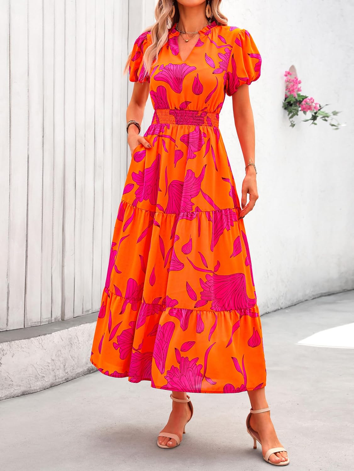 MASCOMODA Summer Maxi Dresses for Women 2026 Short Sleeve Long Floral Dress | Puff Sleeve, Casual V Neck, Smocked Waist, Tiered Ruffle Hem, A line Boho Dresses, Elegant Beach Flowy Long Dress Spring